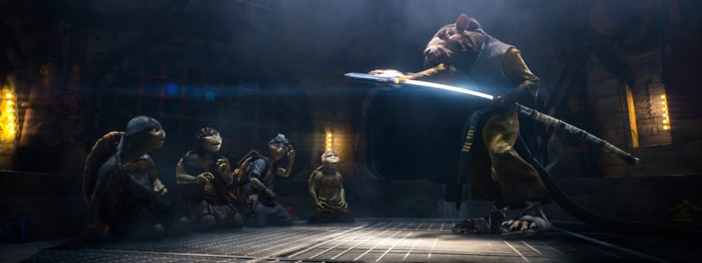 Left to right: Leonardo, Raphael, Michelangelo, Donatello, and Splinter in TEENAGE MUTANT NINJA TURTLES, from Paramount Pictures and Nickelodeon Movies.