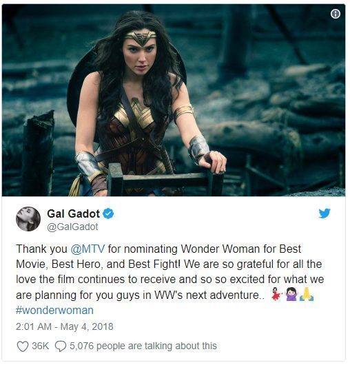 Галь Гадот прокомментировала три номинации «Чудо-Женщины» на премию MTV Movie Awards